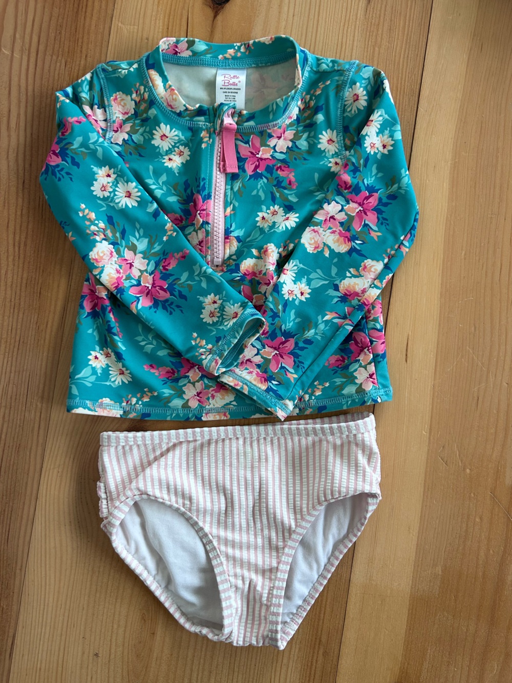 Ruffle Butts Swim Suit Tank Floral Rash Guard Set with Pink Trim